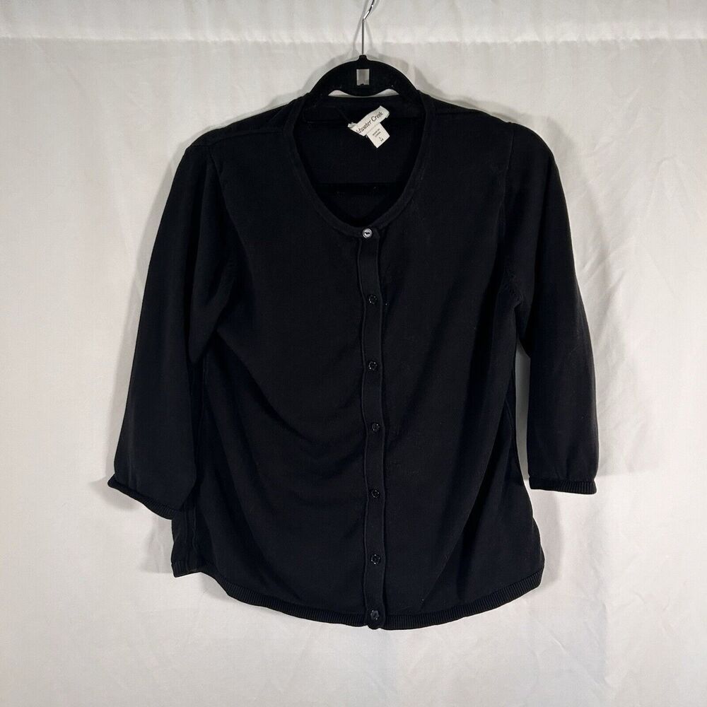 Coldwater Creek Silk Blend Cardigan Women's Large 14 Black Button Up Round Neck